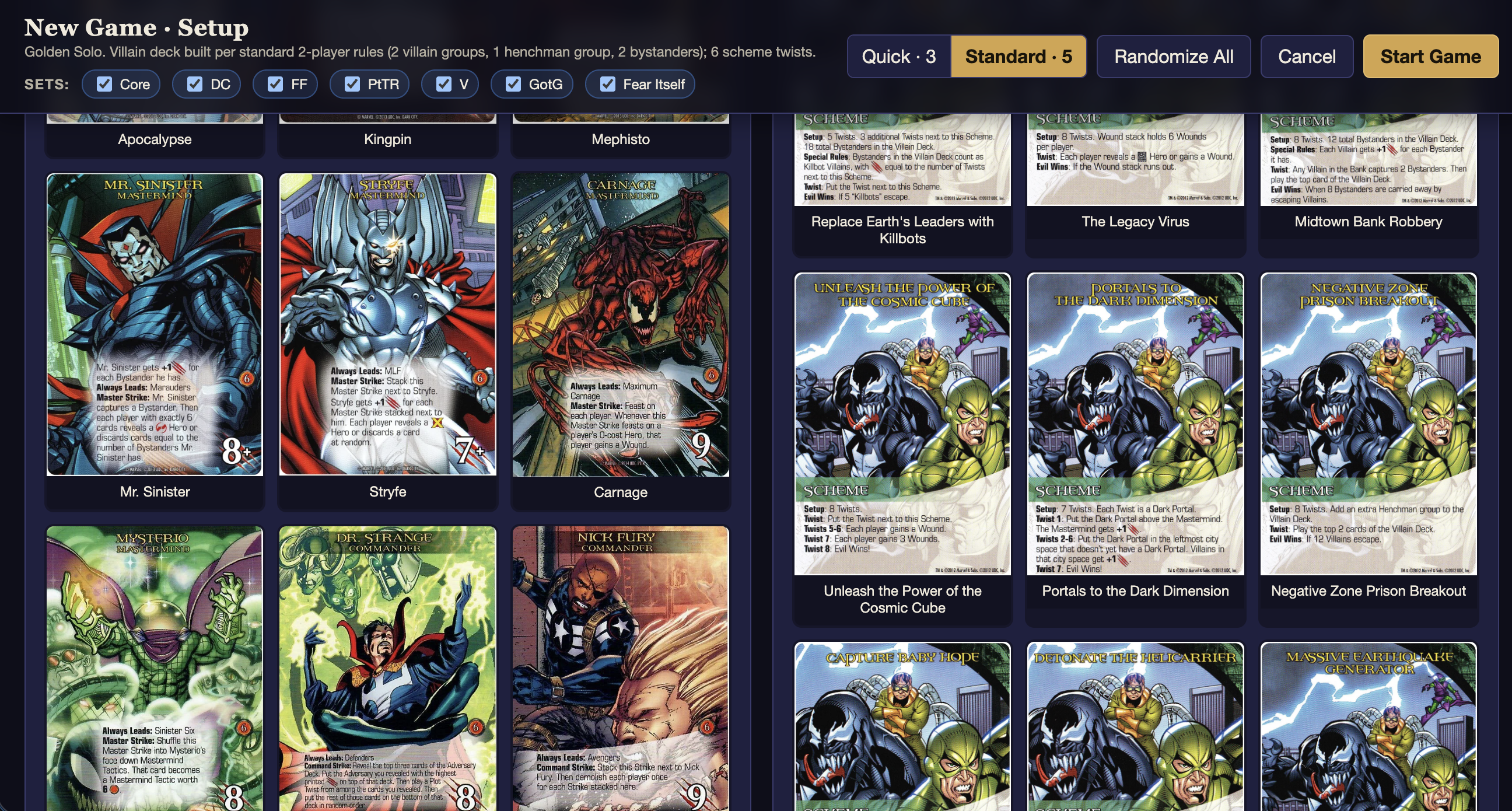 Marvel Legendary New Game Setup Screen